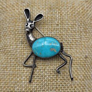 Beautiful Old Pawn Navajo Sterling Silver Turquoise Fawn Deer Brooch Pin